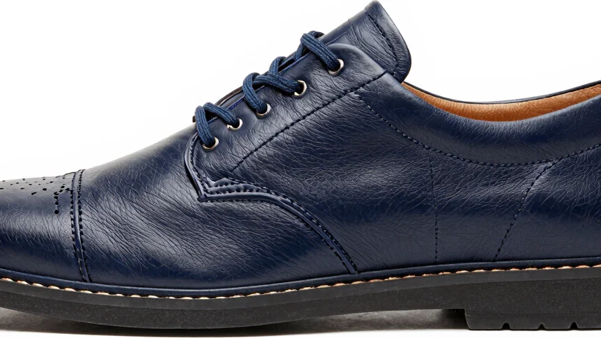 Chaussure de ville en cuir bleu nuit vue en trois quarts sur fond
