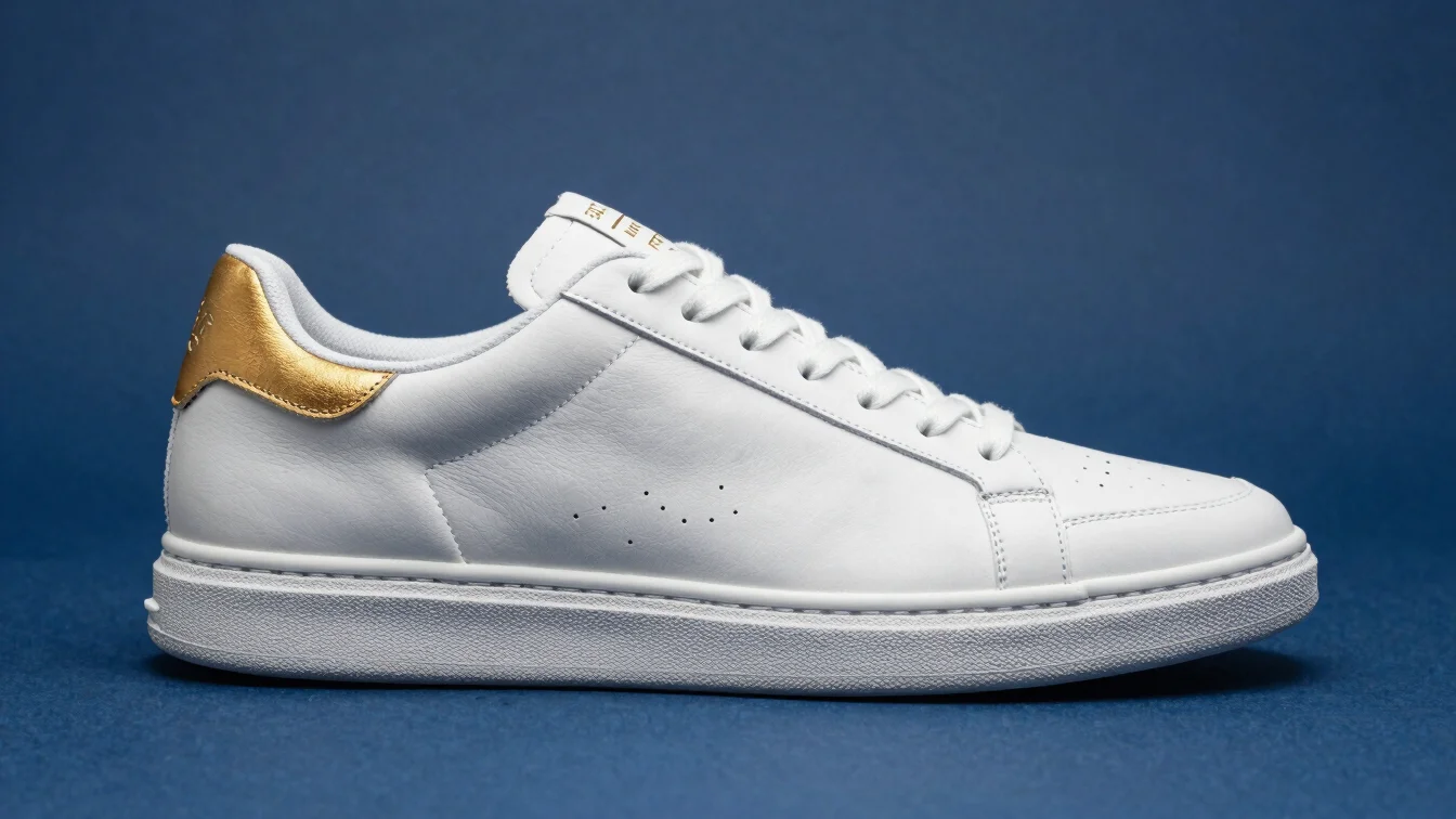 Photographie éditoriale en studio, sneaker blanche posée sur fond