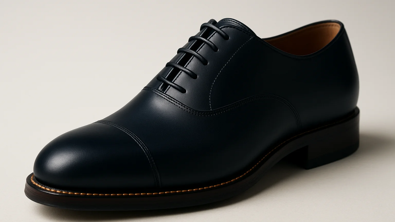 Chaussure de ville en cuir bleu nuit vue en trois quarts, détail de la couture et du talon, lumière de studio, format ca