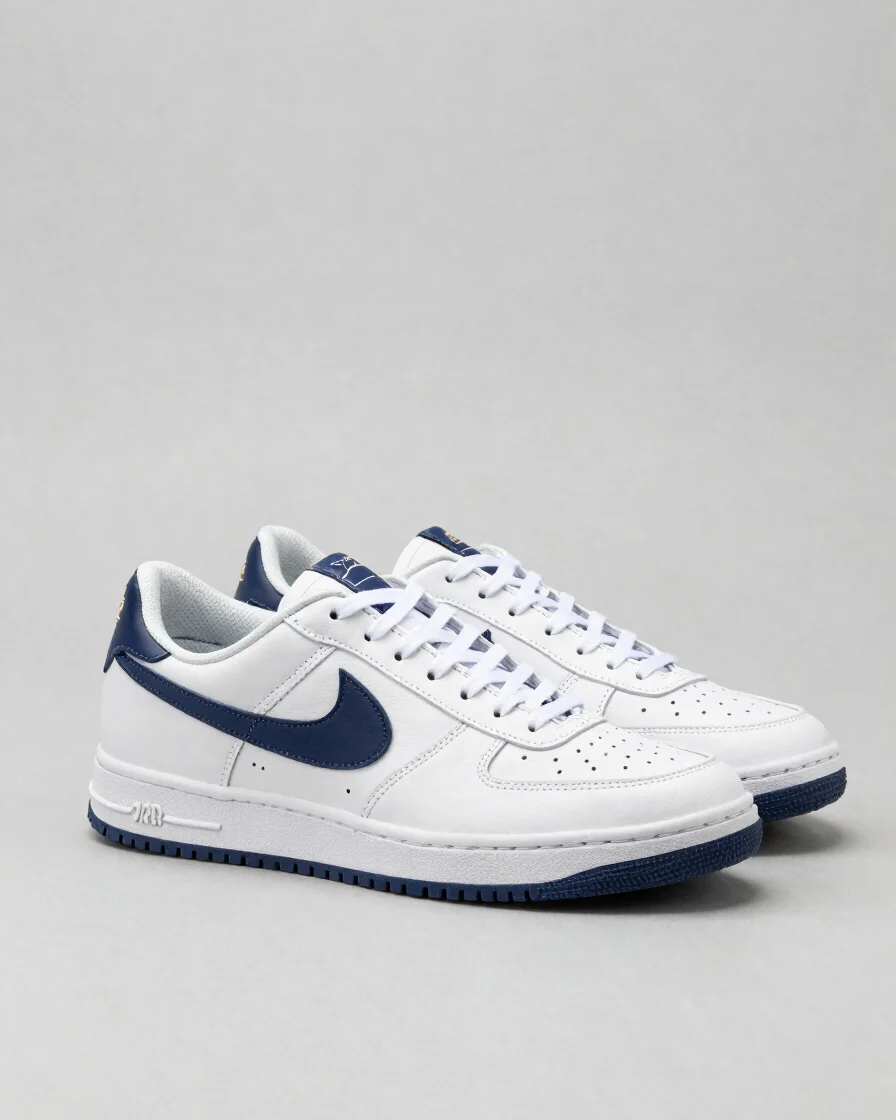 Paire de baskets blanches et bleu nuit posée sur un fond épuré, l
